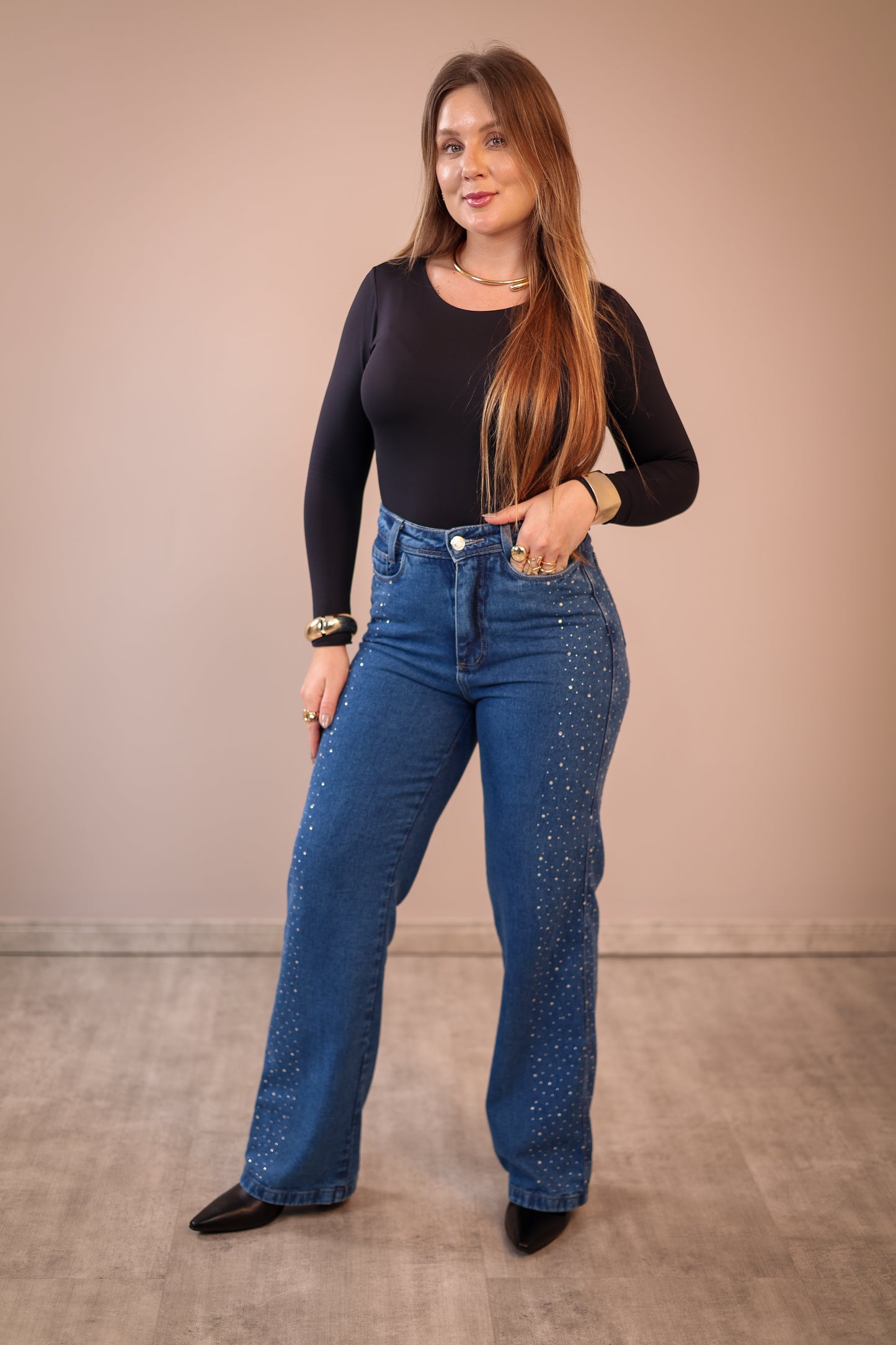 Calça Jeans Wide Leg Shine