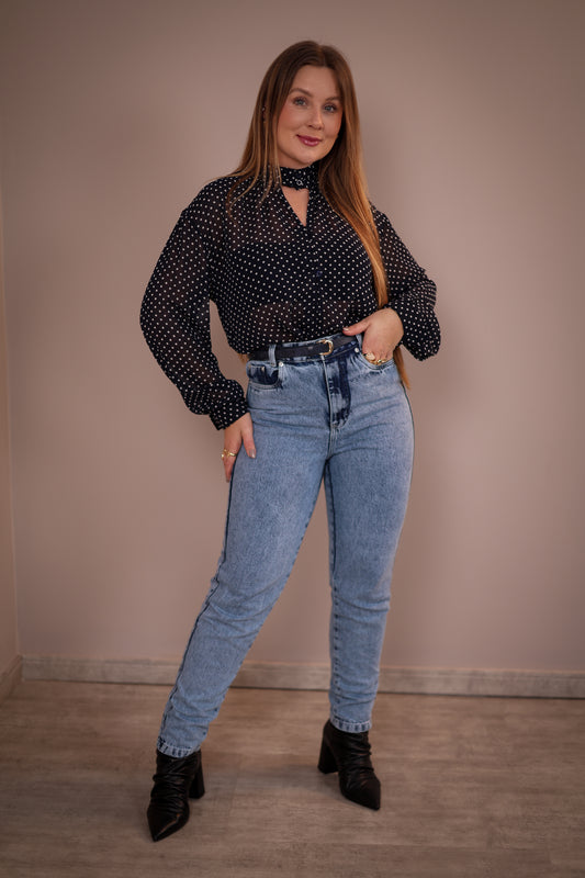 Calça Jeans Mom Marmorizada Escura